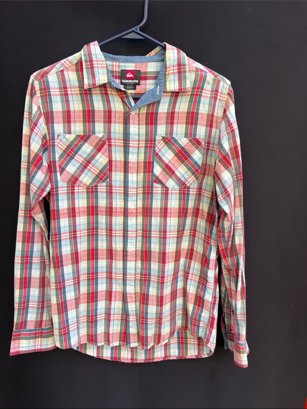 Quiksilver Men’s Red and Blue Plaid Long-Sleeve Button-Down Shirt